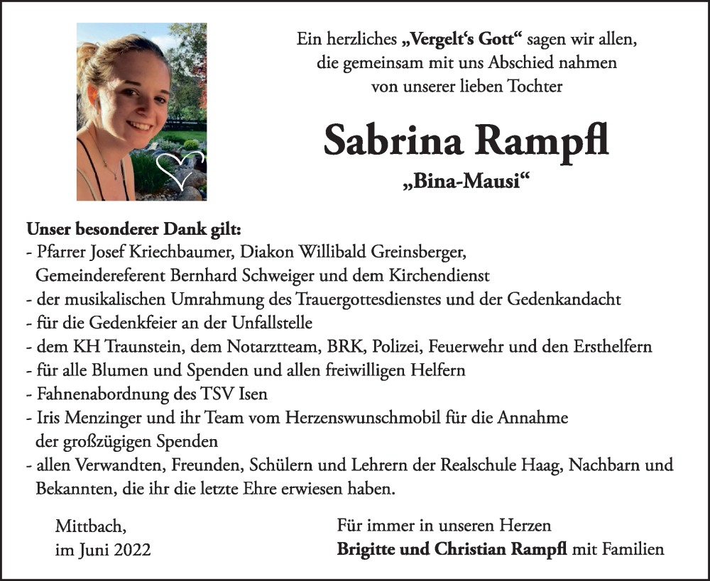  Traueranzeige für Sabrina Rampfl vom 25.06.2022 aus merkurtz