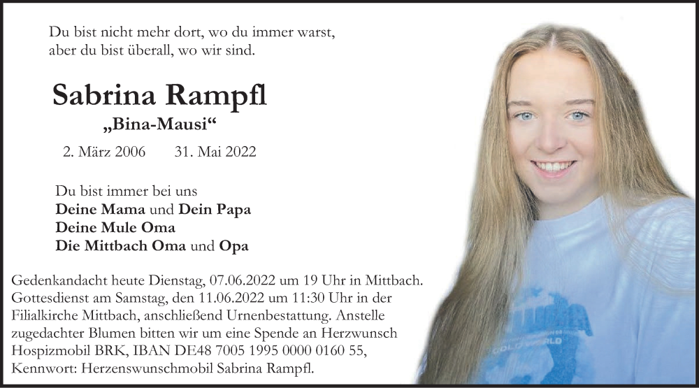  Traueranzeige für Sabrina Rampfl vom 07.06.2022 aus merkurtz