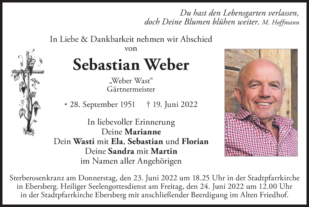  Traueranzeige für Sebastian Weber vom 22.06.2022 aus merkurtz