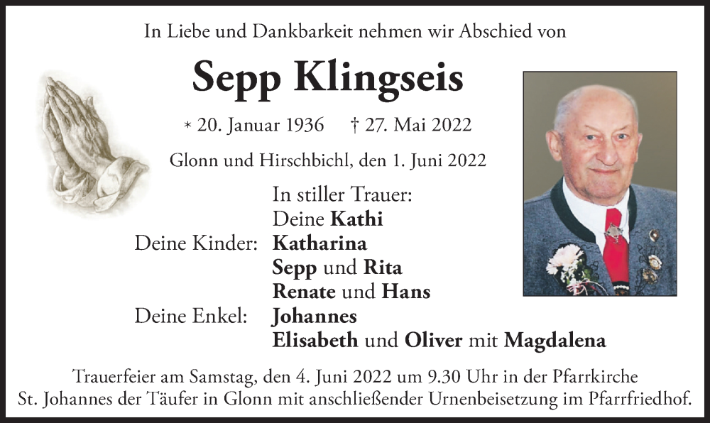  Traueranzeige für Sepp Klingseis vom 01.06.2022 aus merkurtz