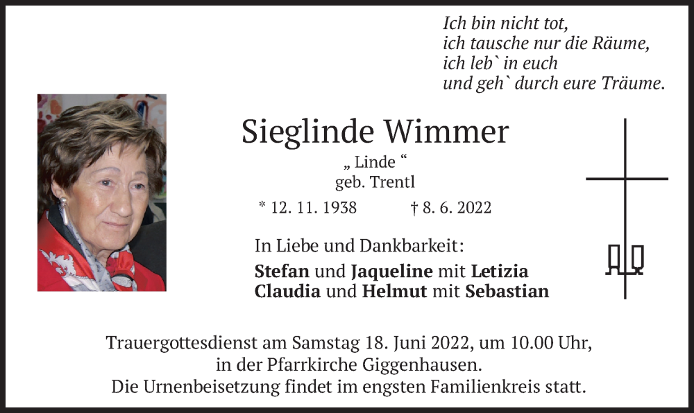 Traueranzeige für Sieglinde Wimmer vom 15.06.2022 aus merkurtz