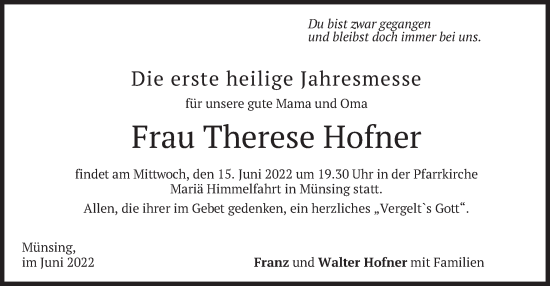 Traueranzeige von Therese Hofner von merkurtz