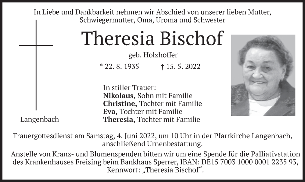  Traueranzeige für Theresia Bischof vom 01.06.2022 aus merkurtz