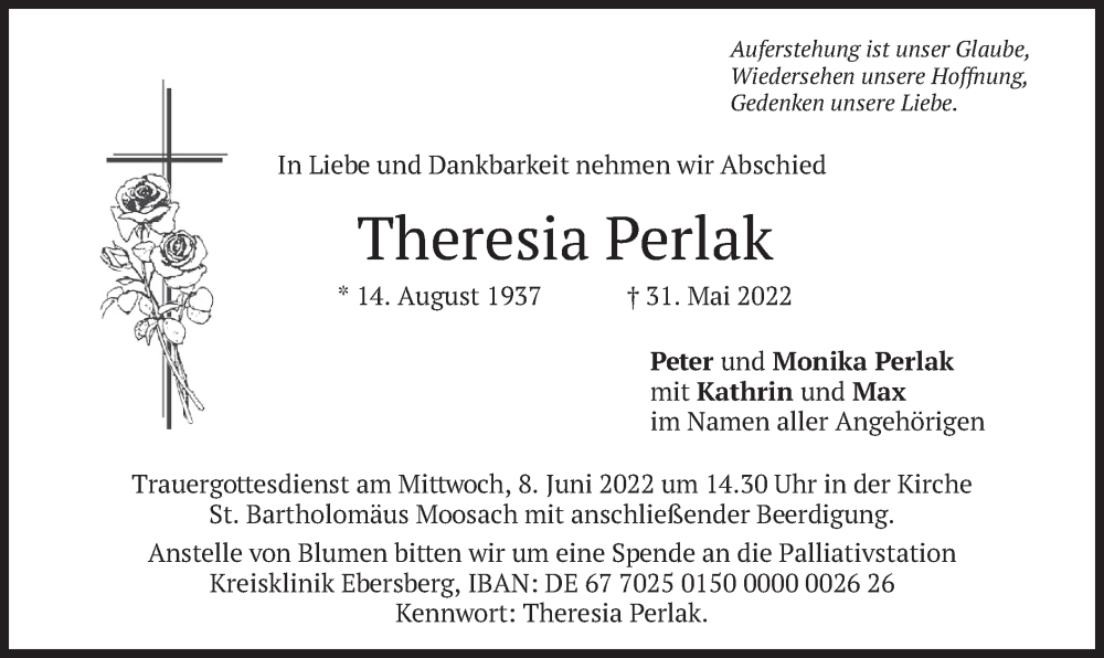  Traueranzeige für Theresia Perlak vom 04.06.2022 aus merkurtz