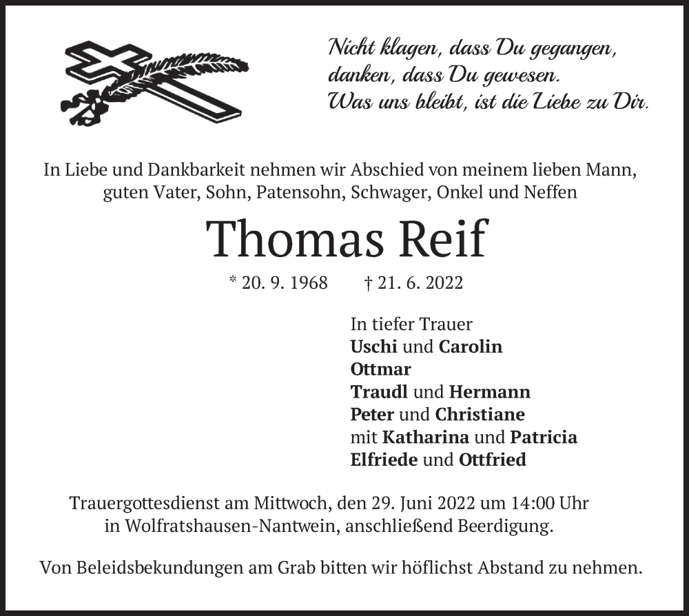  Traueranzeige für Thomas Reif vom 25.06.2022 aus merkurtz