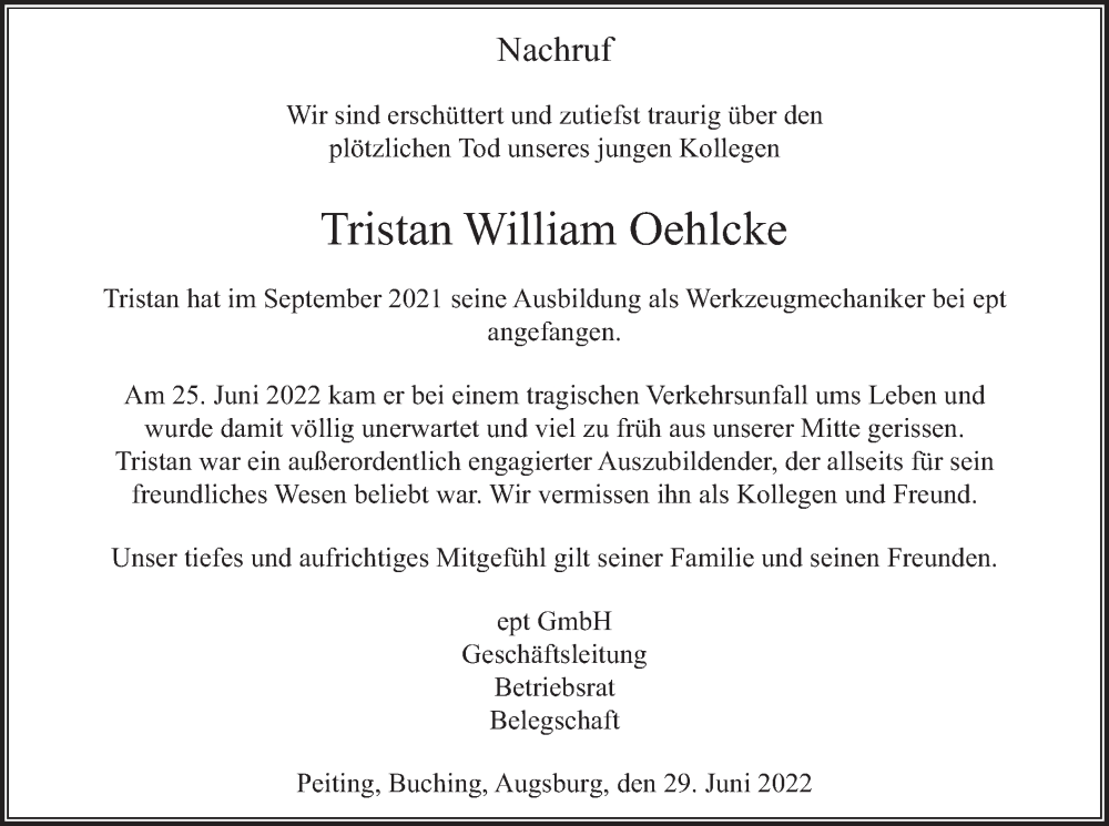  Traueranzeige für Tristan William Oehlcke vom 30.06.2022 aus merkurtz