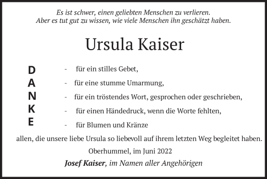 Traueranzeige von Ursula Kaiser von merkurtz