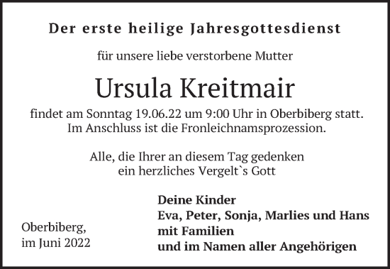 Traueranzeige von Ursula Kreitmair von merkurtz