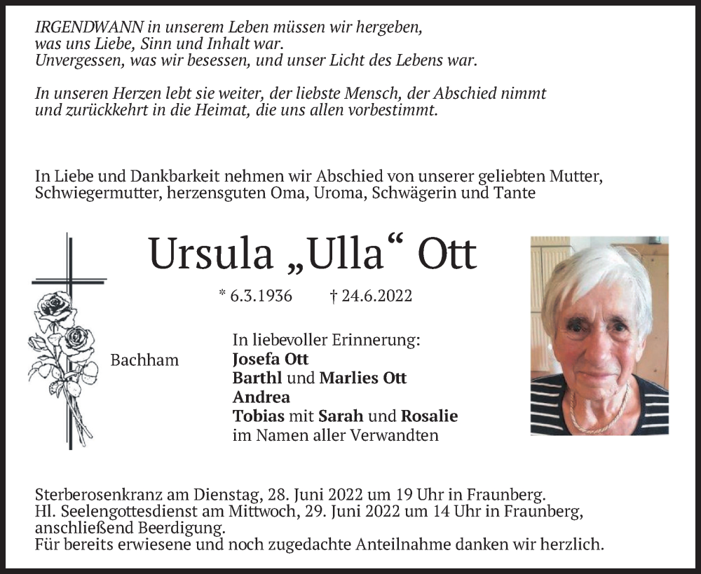  Traueranzeige für Ursula Ott vom 27.06.2022 aus merkurtz