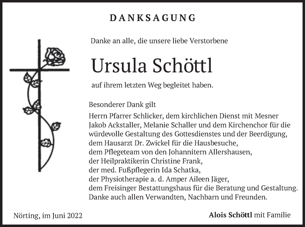  Traueranzeige für Ursula Schöttl vom 11.06.2022 aus merkurtz