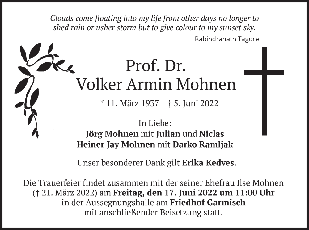  Traueranzeige für Volker Armin Mohnen vom 08.06.2022 aus merkurtz