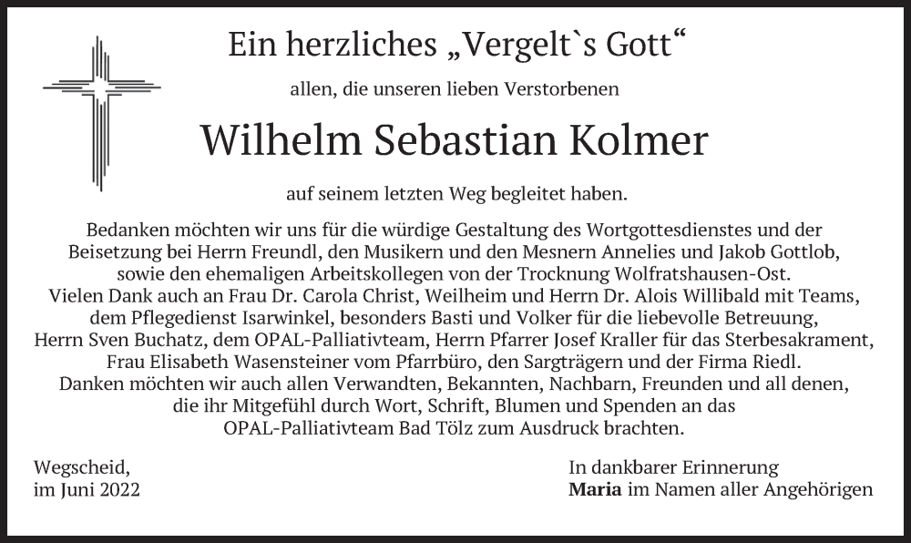  Traueranzeige für Wilhelm Sebastian Kolmer vom 18.06.2022 aus merkurtz