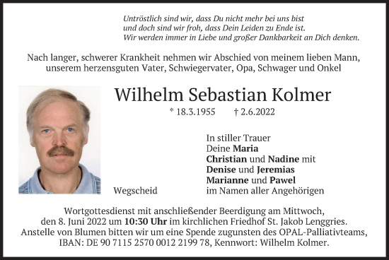 Traueranzeige von Wilhelm Sebastian Kolmer von merkurtz