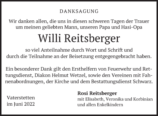 Traueranzeige von Willi Reitsberger von merkurtz