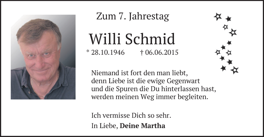  Traueranzeige für Willi Schmid vom 04.06.2022 aus merkurtz