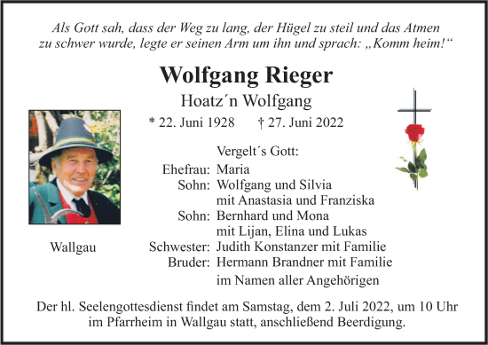 Traueranzeige von Wolfgang Rieger von merkurtz