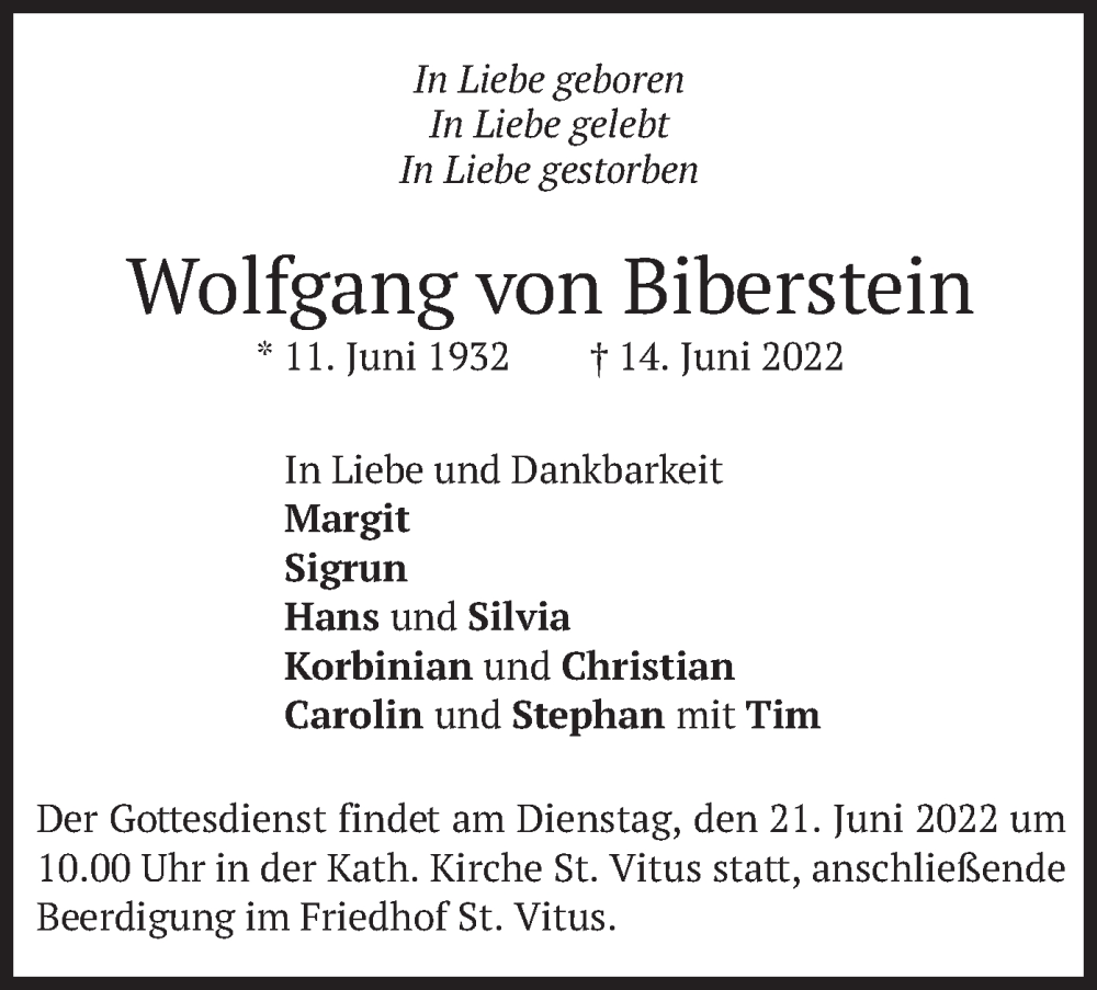  Traueranzeige für Wolfgang von Biberstein vom 18.06.2022 aus merkurtz