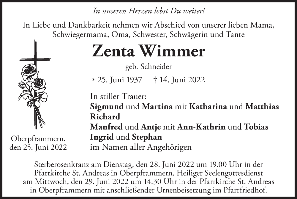  Traueranzeige für Zenta Wimmer vom 25.06.2022 aus merkurtz