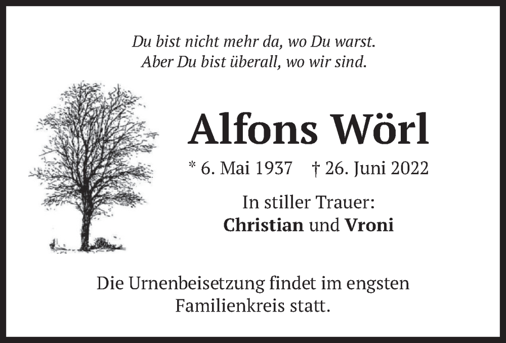  Traueranzeige für Alfons Wörl vom 02.07.2022 aus merkurtz