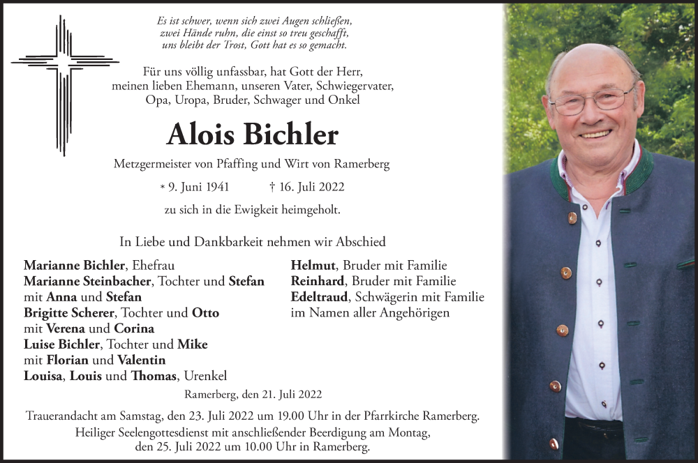  Traueranzeige für Alois Bichler vom 21.07.2022 aus merkurtz
