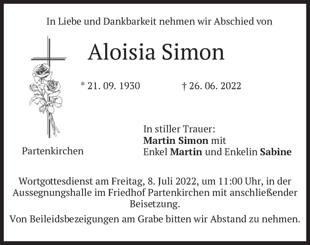  Traueranzeige für Aloisia Simon vom 06.07.2022 aus merkurtz