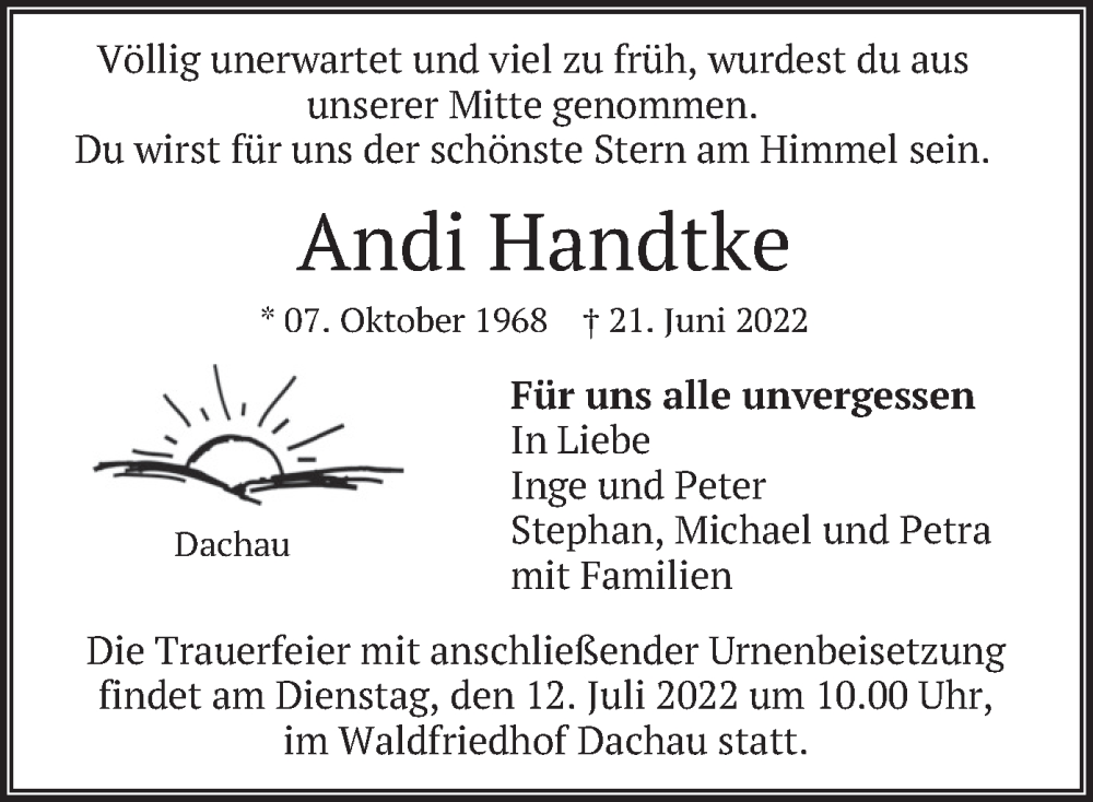  Traueranzeige für Andi Handtke vom 09.07.2022 aus merkurtz
