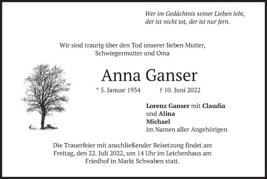 Traueranzeige von Anna Ganser von merkurtz