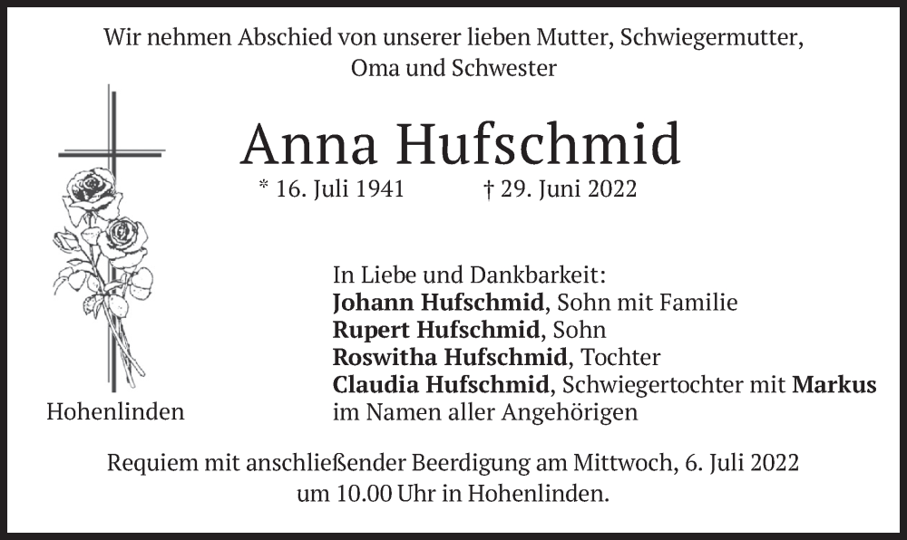  Traueranzeige für Anna Hufschmid vom 02.07.2022 aus merkurtz