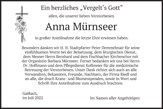 Traueranzeige von Anna Mürnseer von merkurtz