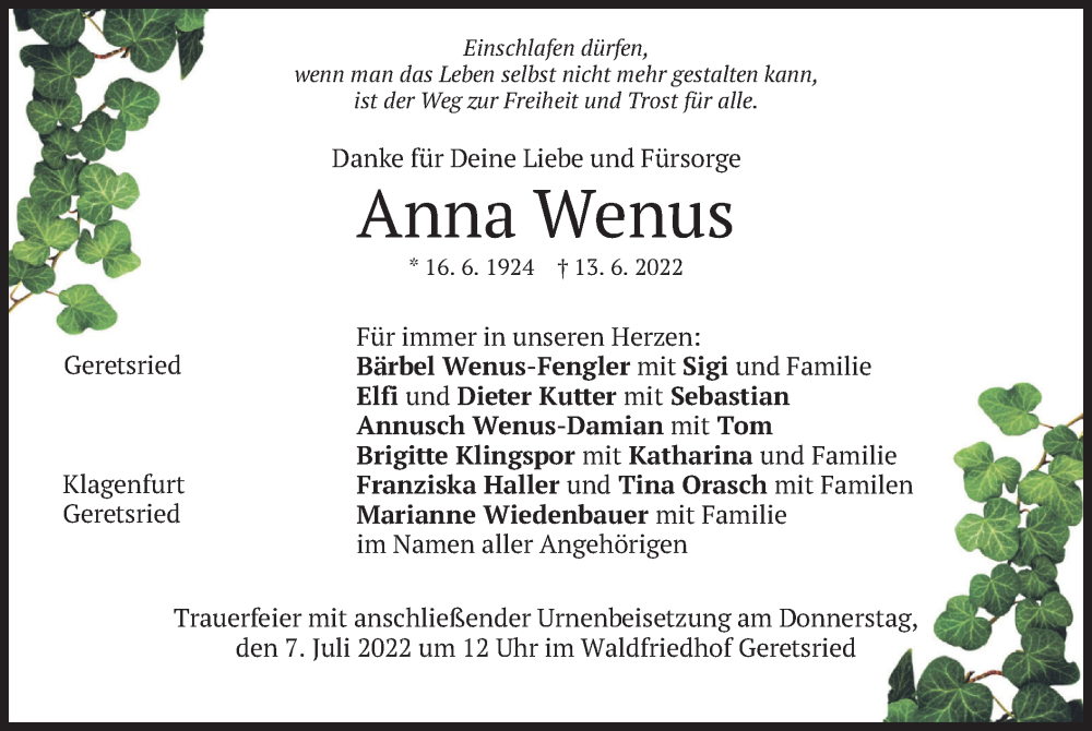  Traueranzeige für Anna Wenus vom 01.07.2022 aus merkurtz