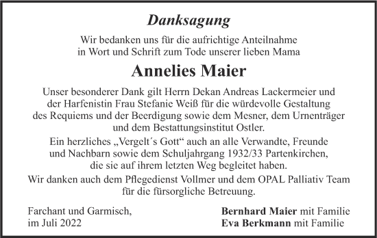 Traueranzeige von Annelies Maier von merkurtz