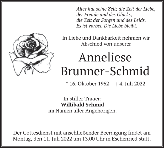 Traueranzeige von Anneliese Brunner-Schmid von merkurtz