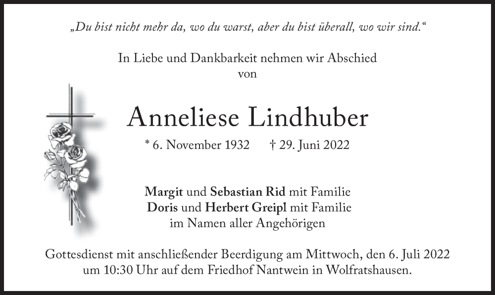  Traueranzeige für Anneliese Lindhuber vom 02.07.2022 aus merkurtz