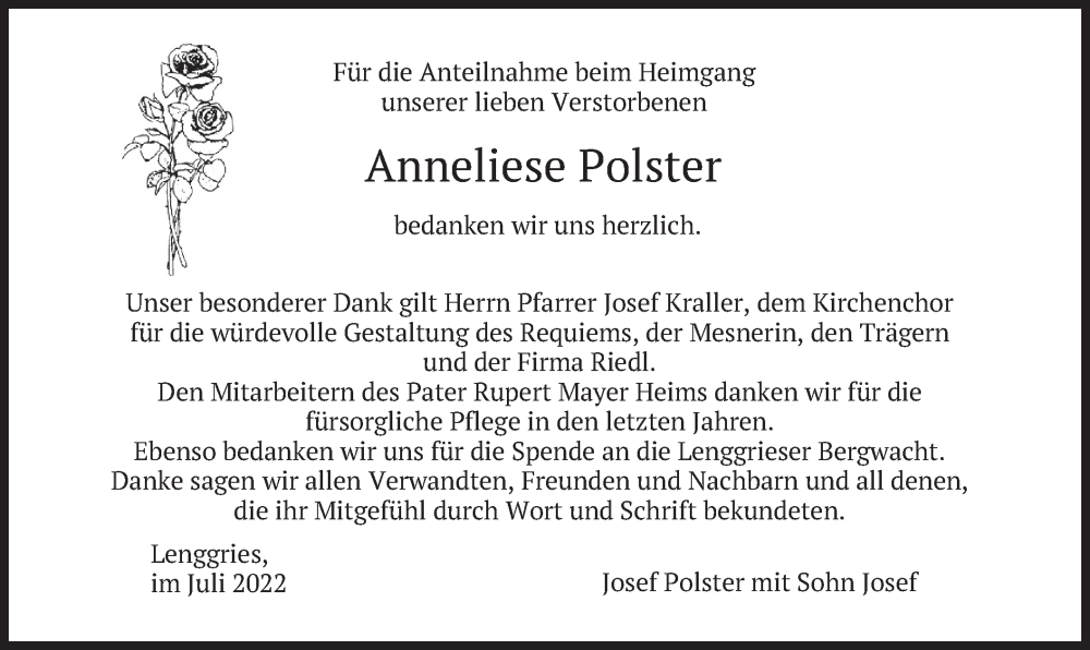  Traueranzeige für Anneliese Polster vom 09.07.2022 aus merkurtz