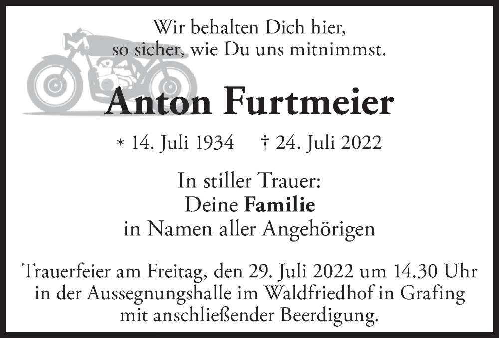  Traueranzeige für Anton Furtmeier vom 27.07.2022 aus merkurtz