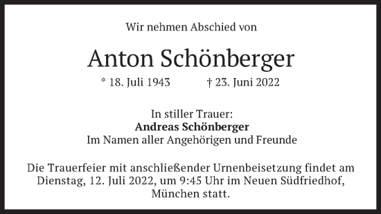 Traueranzeige von Anton Schönberger von merkurtz