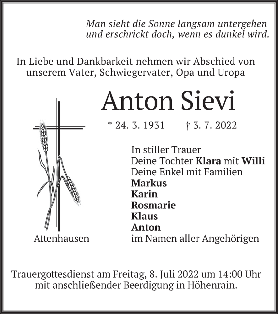 Traueranzeige für Anton Sievi vom 06.07.2022 aus merkurtz