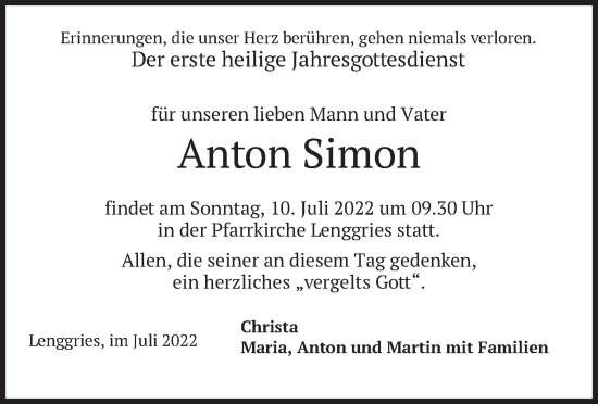 Traueranzeige von Anton Simon von merkurtz
