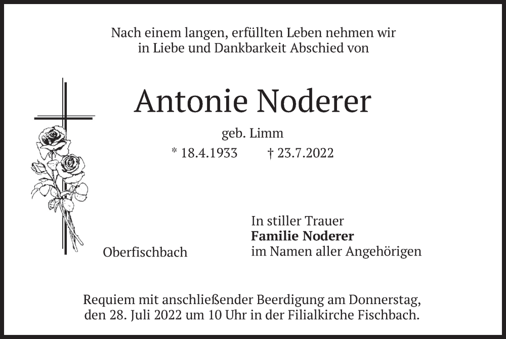  Traueranzeige für Antonie Noderer vom 26.07.2022 aus merkurtz