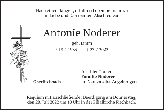 Traueranzeige von Antonie Noderer von merkurtz