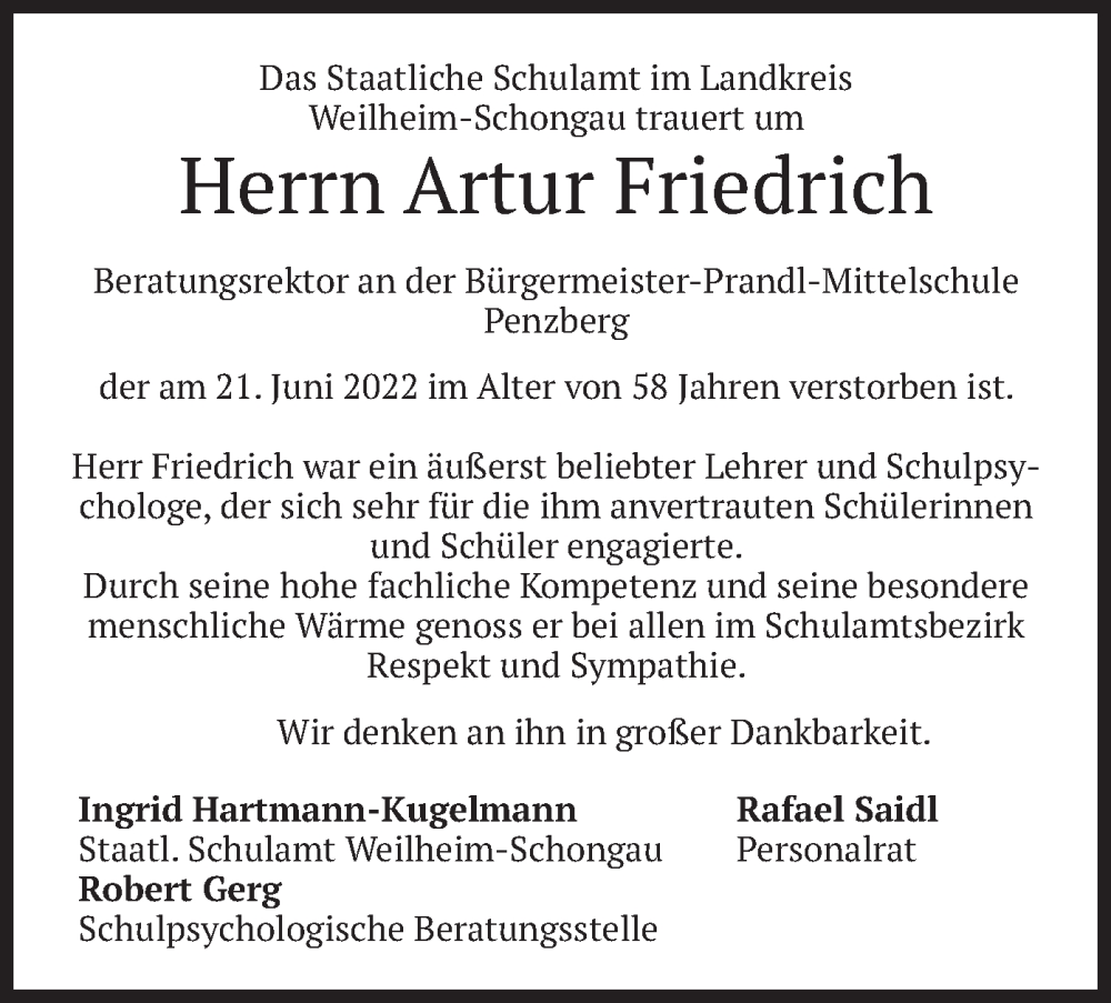  Traueranzeige für Artur Friedrich vom 15.07.2022 aus merkurtz