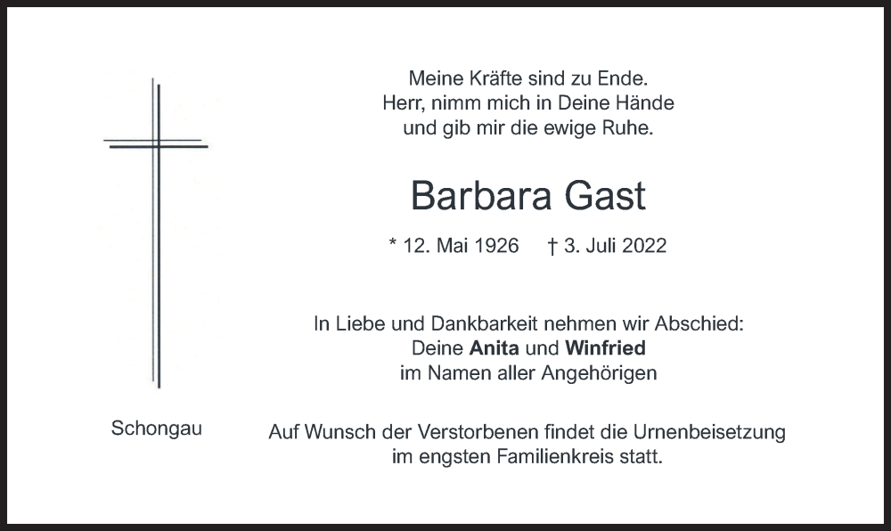  Traueranzeige für Barbara Gast vom 09.07.2022 aus merkurtz