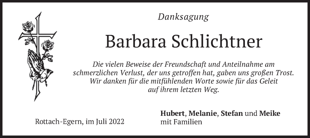  Traueranzeige für Barbara Schlichtner vom 09.07.2022 aus merkurtz