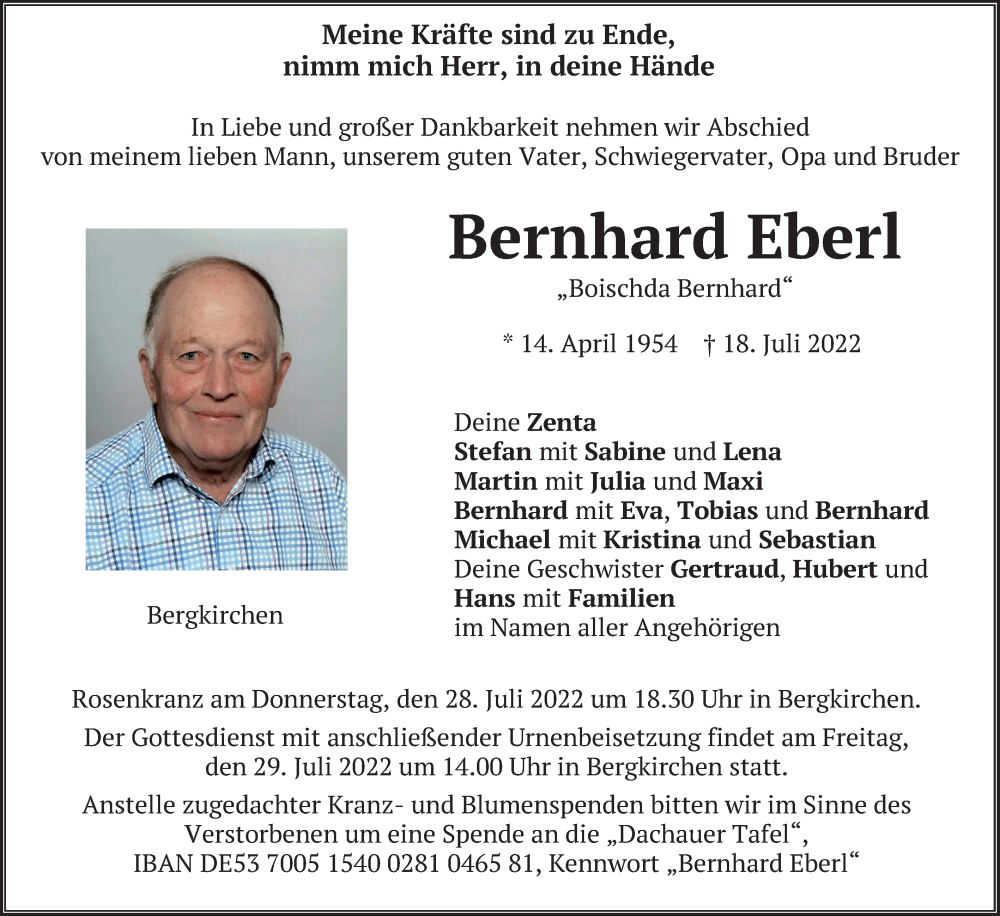  Traueranzeige für Bernhard Eberl vom 23.07.2022 aus merkurtz
