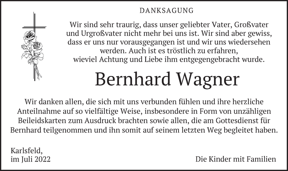  Traueranzeige für Bernhard Wagner vom 09.07.2022 aus merkurtz