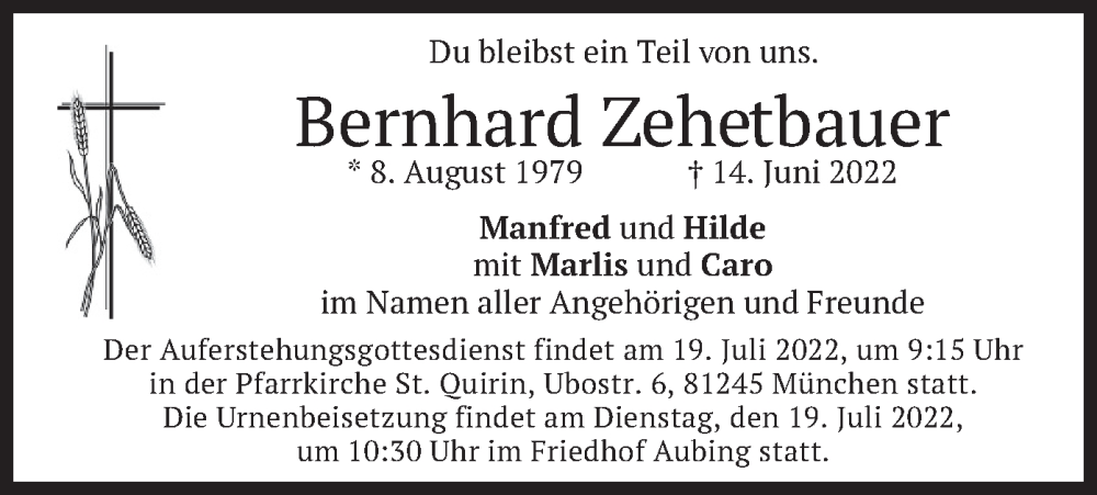  Traueranzeige für Bernhard Zehetbauer vom 16.07.2022 aus merkurtz