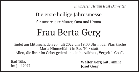 Traueranzeige von Berta Gerg von merkurtz