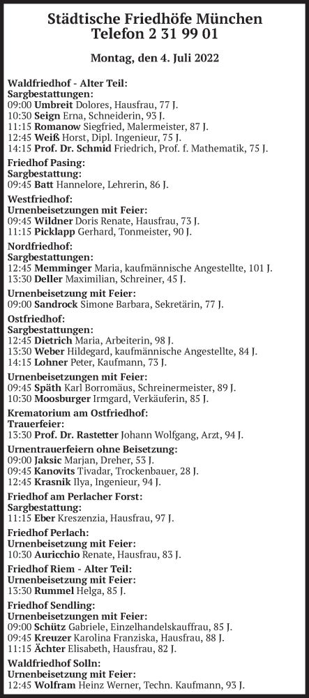 Traueranzeige von Bestattungen vom 04.07.2022 von merkurtz