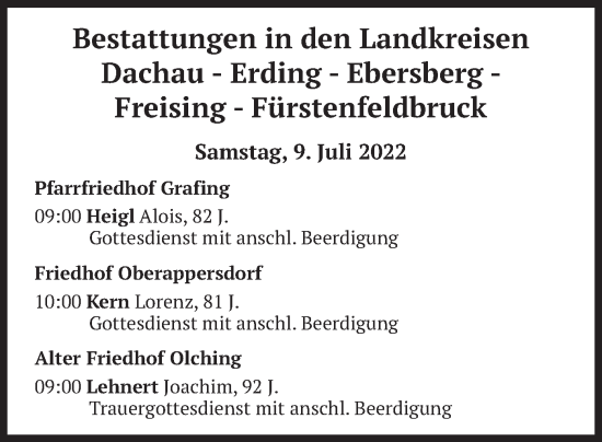 Traueranzeige von Bestattungen vom 09.07.2022 von merkurtz