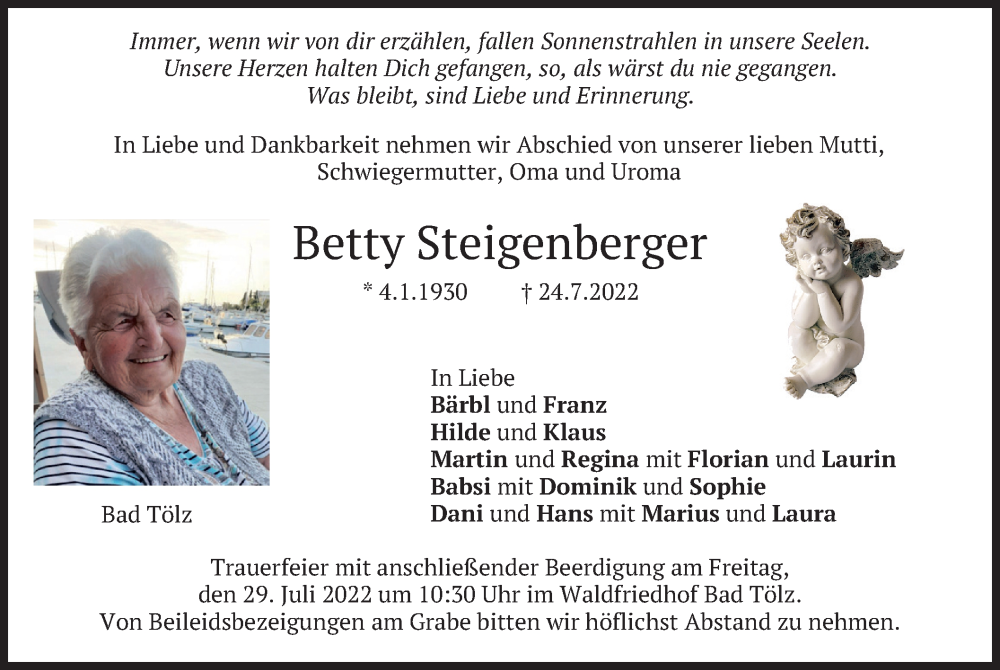  Traueranzeige für Betty Steigenberger vom 27.07.2022 aus merkurtz